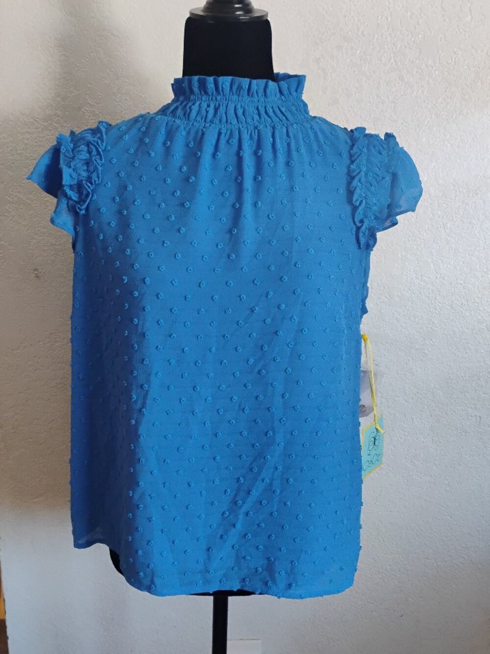 CeCe NWT blue embroidered cap ruffle sleeve blouse S